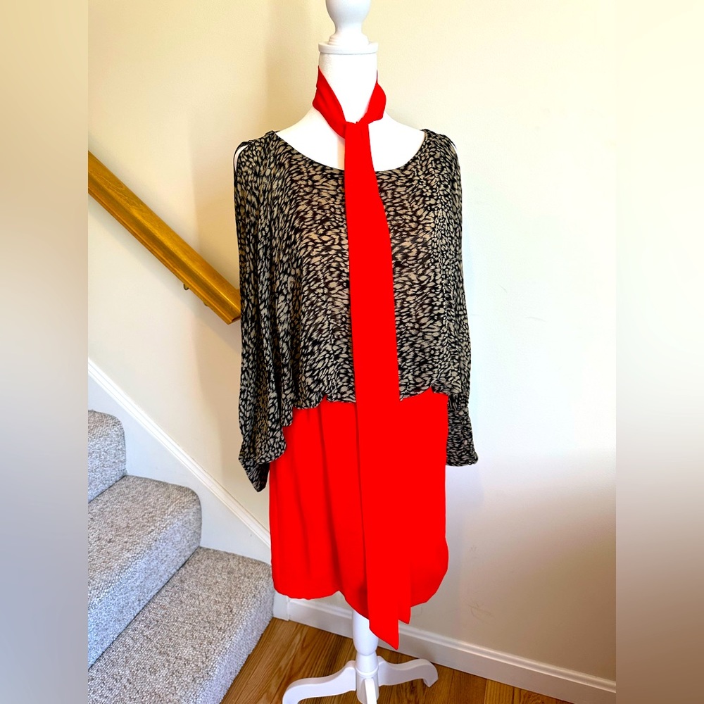 THML dress with split long sleeve black-tan top and red skirt, size medium.